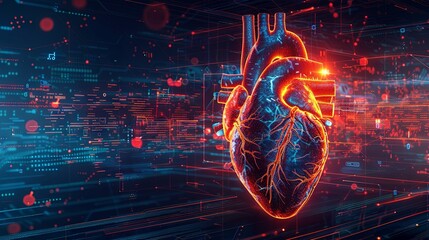 Advanced medical tools with digital shield and heartbeat visuals, representing futuristic data visualization in heart healthcare technology