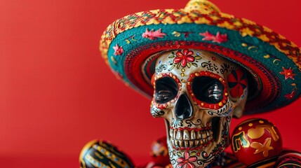 Naklejka premium Painted human skull for Mexico's Day of the Dead (El Dia de Muertos) adorned with a sombrero and maracas against a red background