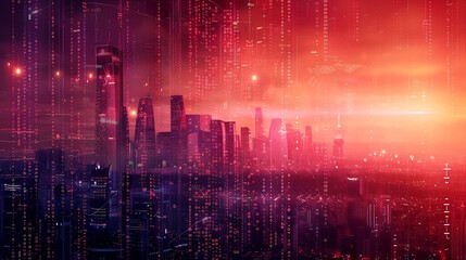 Binary computer code virtual city skyline Matrix Mixed Media Background : Generative AI