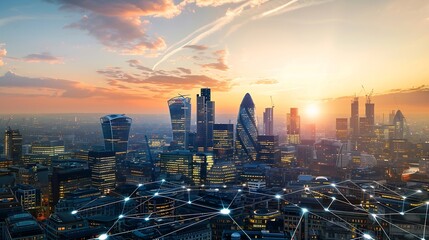 Plakat City of London view with matrix concept and digital connections Virtual connectivity of the city Financial district skyline with matrix sky background at sunset : Generative AI