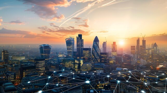 City of London view with matrix concept and digital connections Virtual connectivity of the city Financial district skyline with matrix sky background at sunset : Generative AI - Powered by Adobe