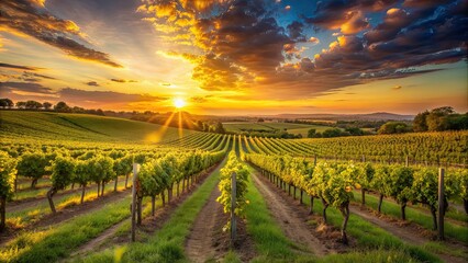 Fototapeta premium Vineyard bathed in the warm glow of sunset , vineyard, sunset, golden hour, agriculture, landscape, grapes, winery, rural