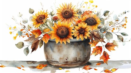 Watercolor composition featuring a sunflower bouquet in a rustic pot, perfect for autumn arrangements and farmhouse decor. Ideal for harvest Thanksgiving clipart, birthday summer cards, and realistic