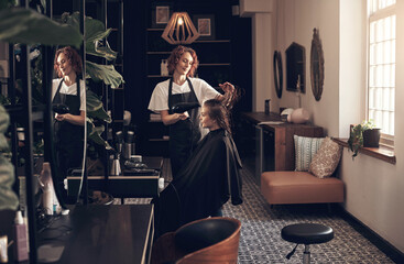 Woman, hairdresser and blow hair of customer for treatment, haircare and professional for...
