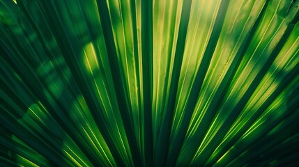 Fototapeta premium Abstract texture background Palm leaf Beautiful light shadow on a large palm leaf Tropical leaf texture Striped palm foliage in rain forest Palm leaves Sun shining on a radiating gre : Generative AI