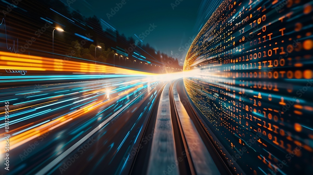 Fototapete Digital data flow on road in concept of cyber global communication and coding with graphic creating vision of fast speed transfer to show agile digital transformation  disruptive innov : Generative AI