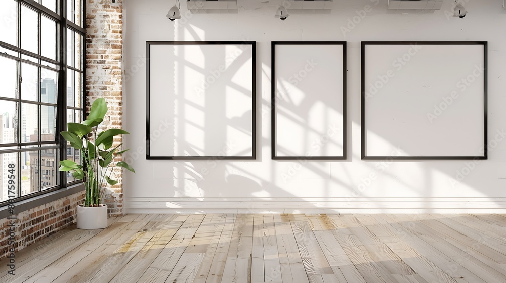 Poster blank picture frame on the white wall in a loft interior with windows mock up 3d render : generative