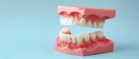 Fototapeta premium Close Up of Plastic Dental Model With White Teeth on Blue Background