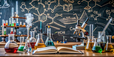 A cluttered scientific laboratory setup with open textbooks, various lab equipment, and complex chemical formulas scribbled on a worn blackboard in the background.