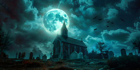 Haunted Church Under Full Moon Spooky Halloween Night with Eerie Clouds, Bats, and Creepy Graveyard