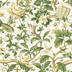 A green and white floral pattern with birds and fish. The birds are perched on branches and the fish are swimming in the water © auttawit