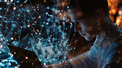 Trained specialist using laptop to maintenance artificial intelligence neural networks made up of interconnected nodes System administrator using AI system aiding in processing informa : Generative AI