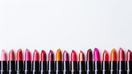 Naklejka premium Colorful lipsticks arranged neatly in row on white background with space for text