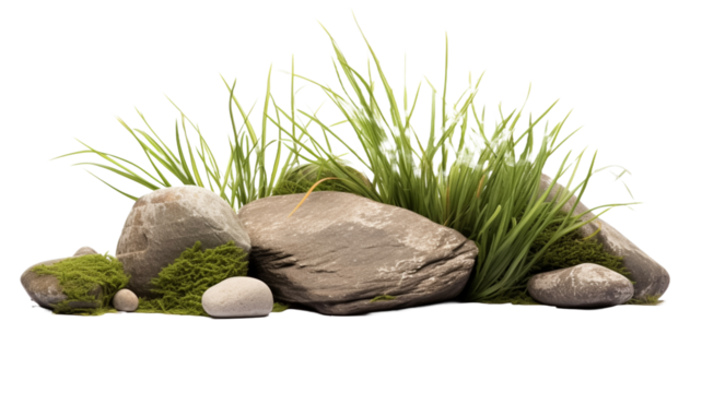 Greenery grass with rock composition. Grassy field and rock composition cutout transparent background.
