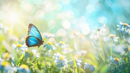 Colorful spring background with a butterfly and copy space conveying ecology and tenderness concept