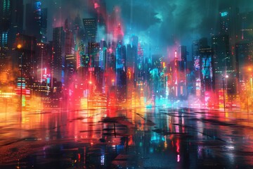 Cyberpunk Cityscape with Neon Lights Reflecting on Wet Pavement