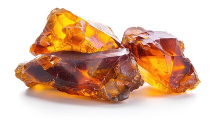 Colorful amber on white background Petrified tree resin with yellow crystal stones Jewelry material