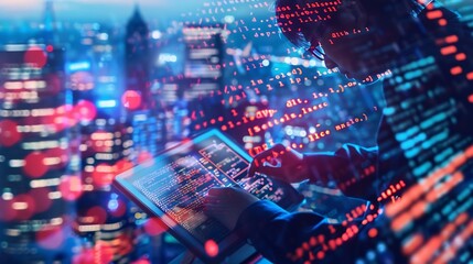 Business and technology software development IoT concept Double exposure man programmer software developer working on digital tablet and smart city with binary html computer code on sc : Generative AI