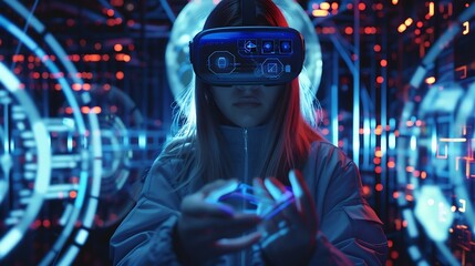 Woman with futuristic tablet in hand Girl in glasses of virtual reality presses the start button Augmented reality game future technology AI concept Holographic interface to display da : Generative AI