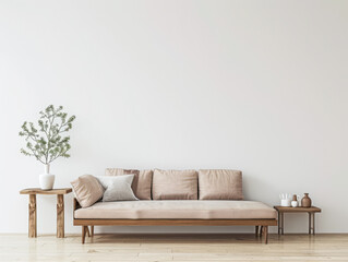 Rustic living room interiors with minimalist furniture and copy space. Luxury Real Estate conceptual image.