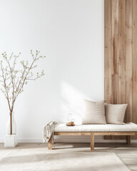 Rustic living room interiors with minimalist furniture and copy space. Luxury Real Estate conceptual image.