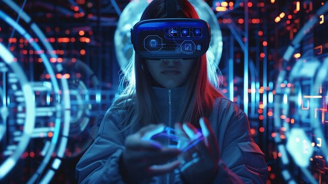Woman with futuristic tablet in hand Girl in glasses of virtual reality presses the start button Augmented reality game future technology AI concept Holographic interface to display da : Generative AI - Powered by Adobe