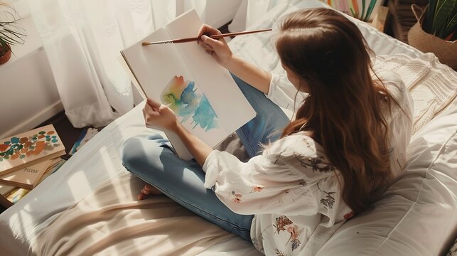 Inspired female artist sitting on sofa painting with watercolor and brush in sketchbook Thoughtful relaxed woman doing favorite hobby in free time effortlessly sketching drawing on pap : Generative AI