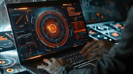 Fototapeta premium AI image creation technology Man use AI software on a laptop to generate images showcasing a futuristic user interface screen with visual prompt Image generated by artificial intellige : Generative AI