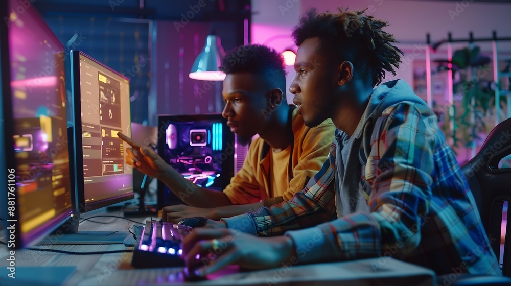 Aufkleber Portrait of Black Creative Director Giving Instructions on 3D Game Visuals to Male Developer in Creative Agency Two Stylish Diverse Employees Discussing Design on Computer in Game Deve : Generative AI