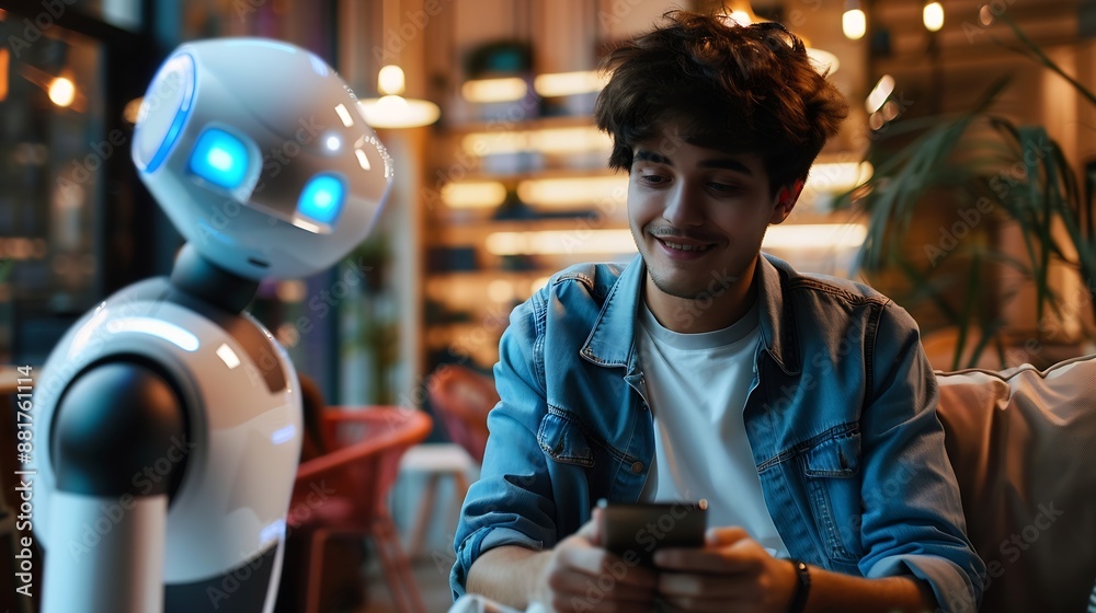 Poster AI Artificial IntelligenceDigital chatbot Man chatting with digital assistant chatbot on mobilephone on internet applicationFuture of customer service man utilizes AI chatbot for insta : Generative AI
