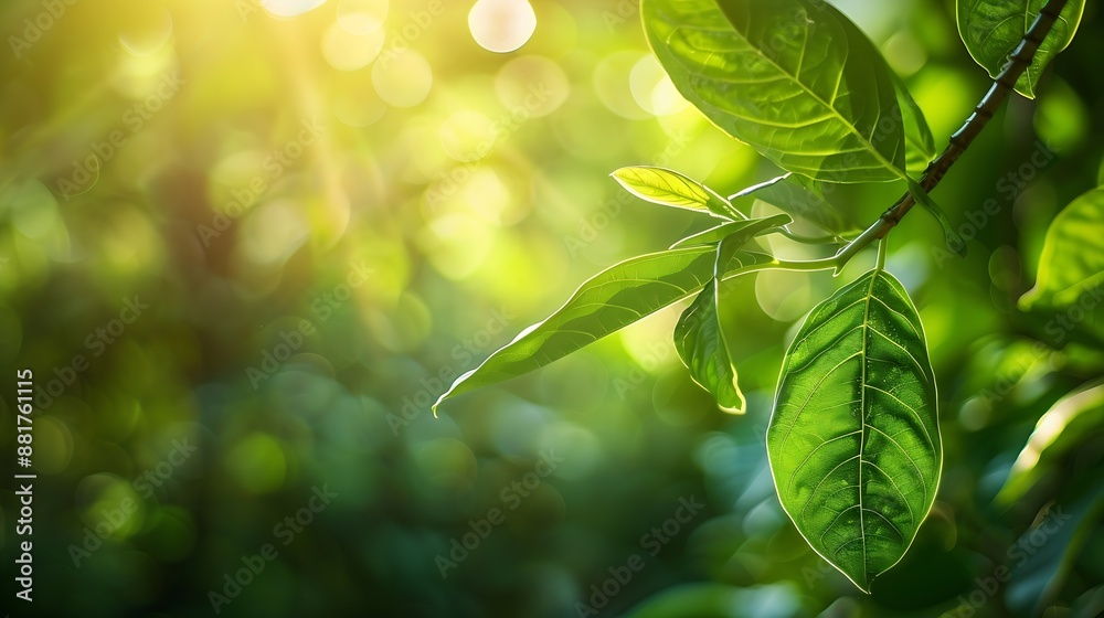 Poster nature view of green leaf on blurred greenery background in garden with copy space using as backgrou
