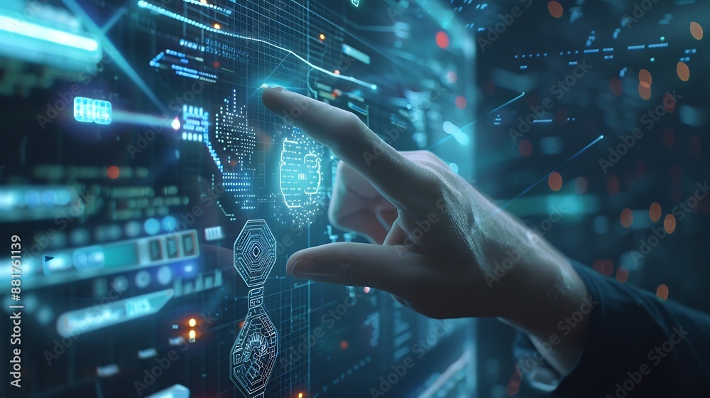 Poster Ai tech businessman touch on virtual graphic Global Internet connect to Chat with AI Artificial Intelligence Using command prompt for generates something Futuristic technology transfor : Generative AI