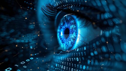 Blue eye with digital numbers symbolizing computers cybersecurity hacking surveillance internet : Generative AI