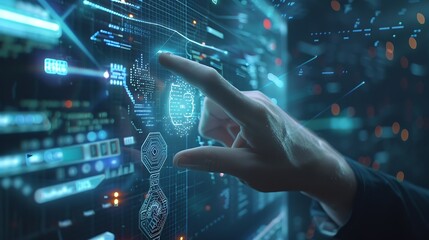 Ai tech businessman touch on virtual graphic Global Internet connect to Chat with AI Artificial Intelligence Using command prompt for generates something Futuristic technology transfor : Generative AI