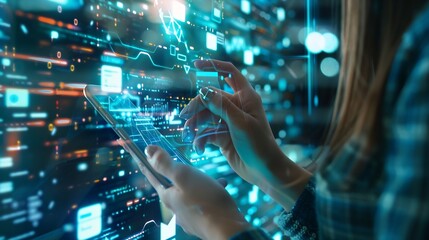 Business and technology software mobile app development IoT internet network communication concept Woman user using mobile smart phone with binary html computer code on screen : Generative AI