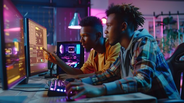 Portrait of Black Creative Director Giving Instructions on 3D Game Visuals to Male Developer in Creative Agency Two Stylish Diverse Employees Discussing Design on Computer in Game Deve : Generative AI