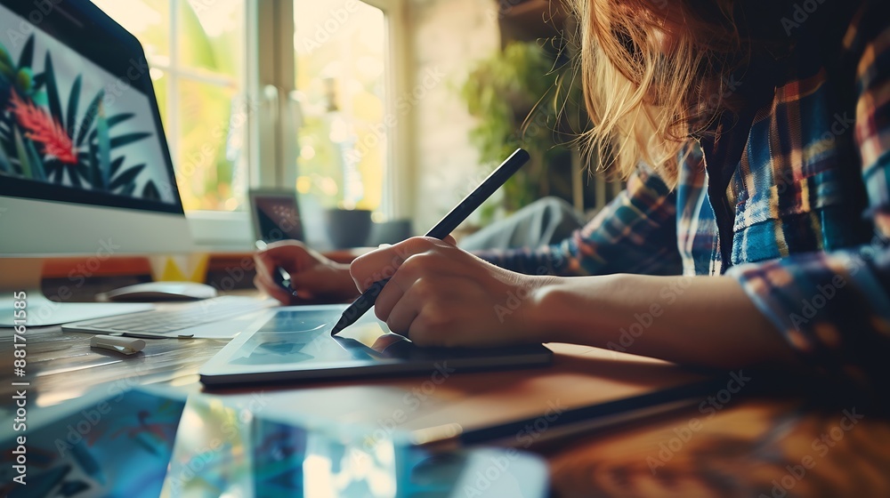 Poster portrait of creative freelancer woman hand working graphic design pencil project on hand of graphic 