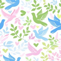 Obraz premium A colorful pattern of birds and leaves with hearts in the middle. The birds are in various colors and sizes, and the leaves are green. Scene is peaceful and serene, with the birds