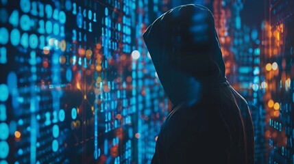 Hacker over Abstract Digital Background with Elements of Binary Code and Computer Programs Concept of Data thief internet fraud darknet and cyber security : Generative AI