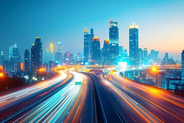Fototapeta premium an illustration of Highway leading to illuminated modern city at twilight