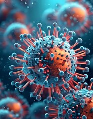 Obraz premium Microscopic enlargement of blue virus - respitory virus outbreak - floating cells in body - virus shaped as covid, influenza, sars, corona, hiv, mers, cholera, variola, measles - disease organisms