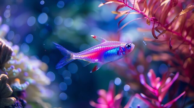 Nice neon glowfish in freshwater tank nature water color painted aquarium : Generative AI