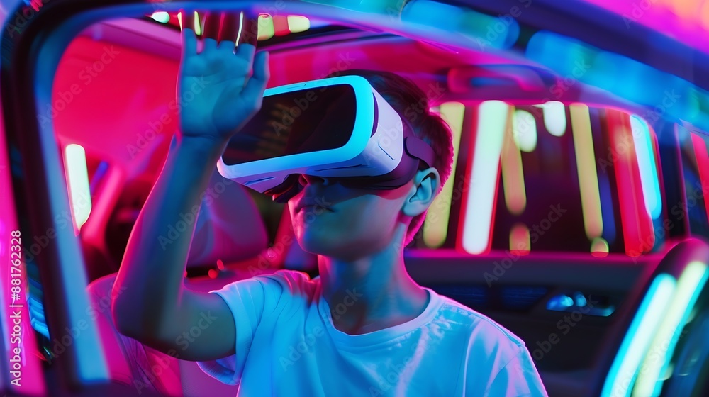 Aufkleber Smart man wear virtual goggle while move driving car hand gesture Caucasian teenager using futuristic digital technology to enter virtual world while standing at colorful neon backgrou : Generative AI