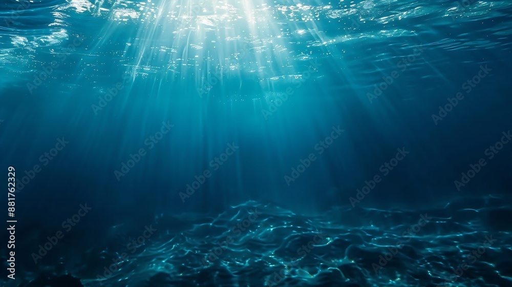Poster abstract image of tropical underwater dark blue deep ocean wide nature background with rays of sunli