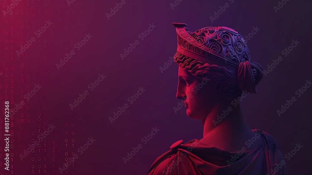 Aufkleber Coding computational process Image of red ancient greek statue with binary code on dark purple background Concept of IT technologies programming transmission of information : Generative AI