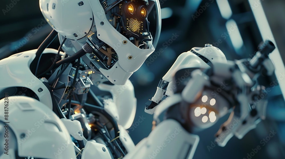 Fototapete Man using tools AI technology smart robot science and artificial intelligence technology and innovation futuristic and global connection for providing access to information and data on : Generative AI