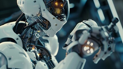 Fototapeta premium Man using tools AI technology smart robot science and artificial intelligence technology and innovation futuristic and global connection for providing access to information and data on : Generative AI