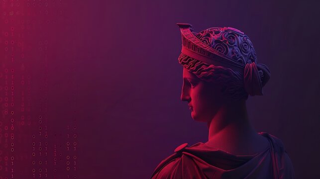Coding computational process Image of red ancient greek statue with binary code on dark purple background Concept of IT technologies programming transmission of information : Generative AI