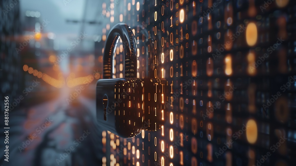 Fototapete Padlock shape on a binary background of ones and zeros Cyber security and secure data concept : Generative AI