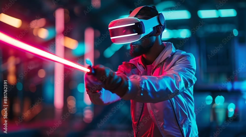 Aufkleber Energetic man with VR glasses fencing neon sword with music block Skilled person playing a game while holding sword and enter in metaverse with neon city background Blurring background : Generative AI